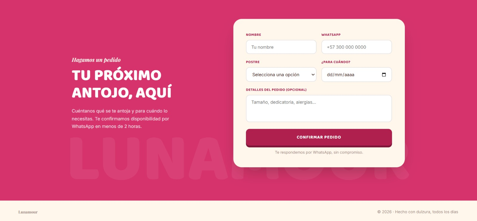 Formulario del sitio web de Lunamour