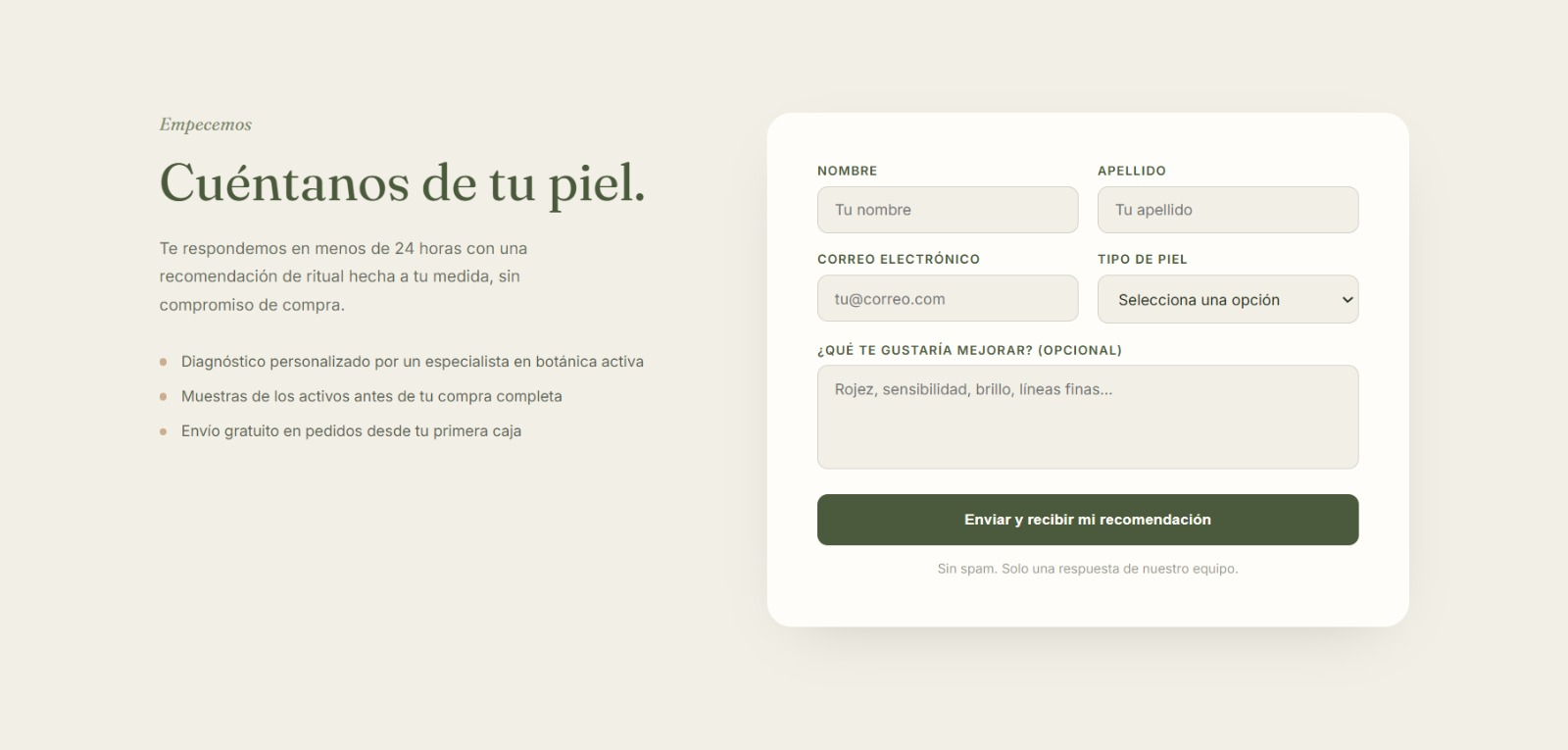 Formulario del sitio web de Verde Botánica