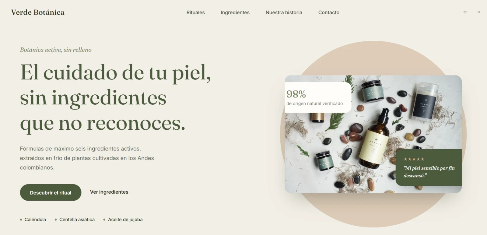 Página de inicio del sitio web de Verde Botánica