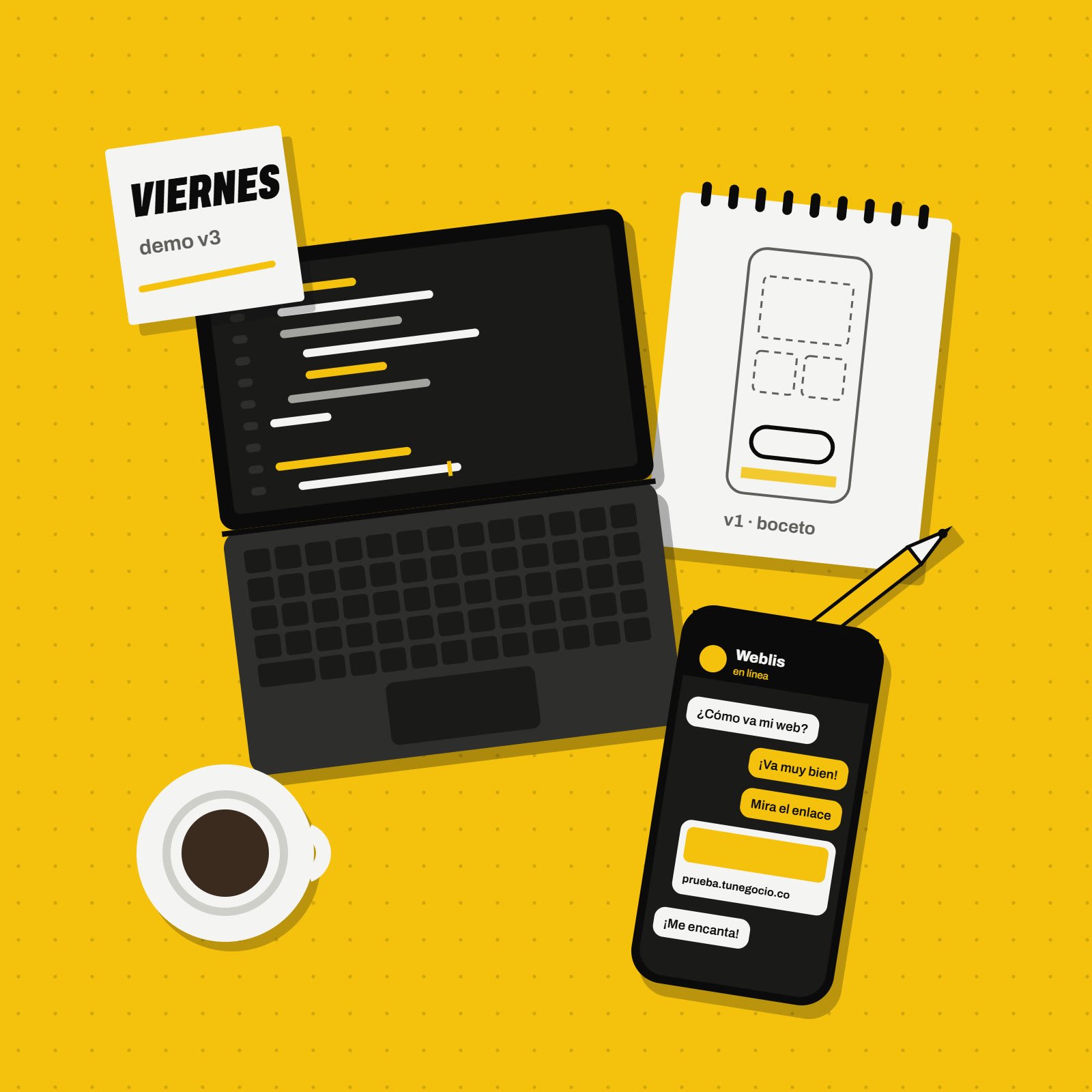 Ilustración: en la misma mesa, un portátil con código, un cuaderno con el boceto de una app, un tinto y un celular con el chat de WhatsApp con el cliente