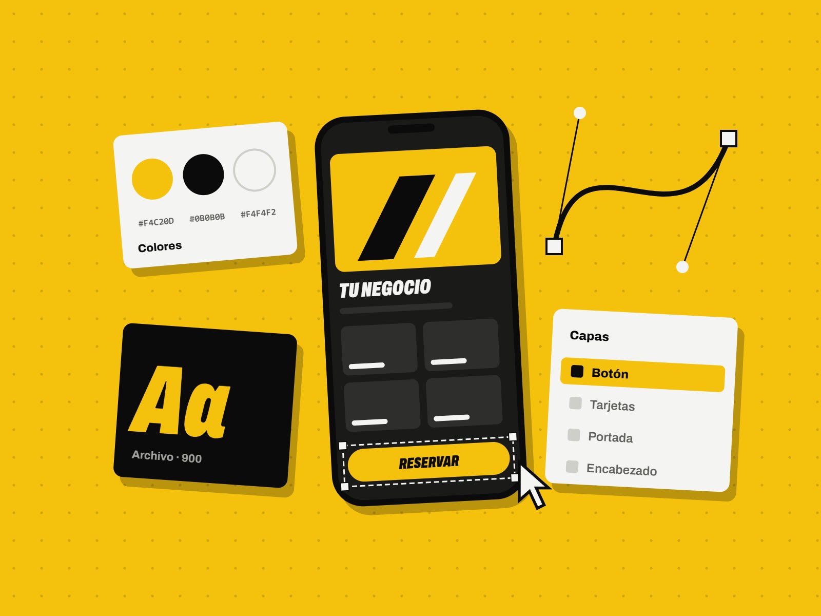 Ilustración: el diseño de una app en un celular, con colores, tipografía y capas