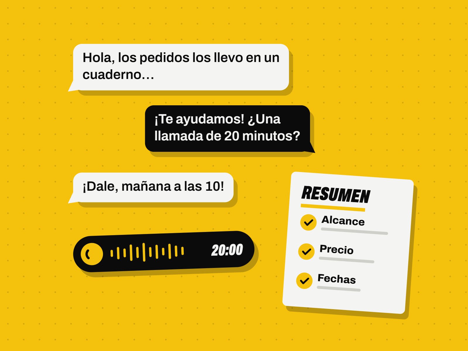 Ilustración: un chat con el cliente, una llamada de 20 minutos y un resumen con alcance, precio y fechas