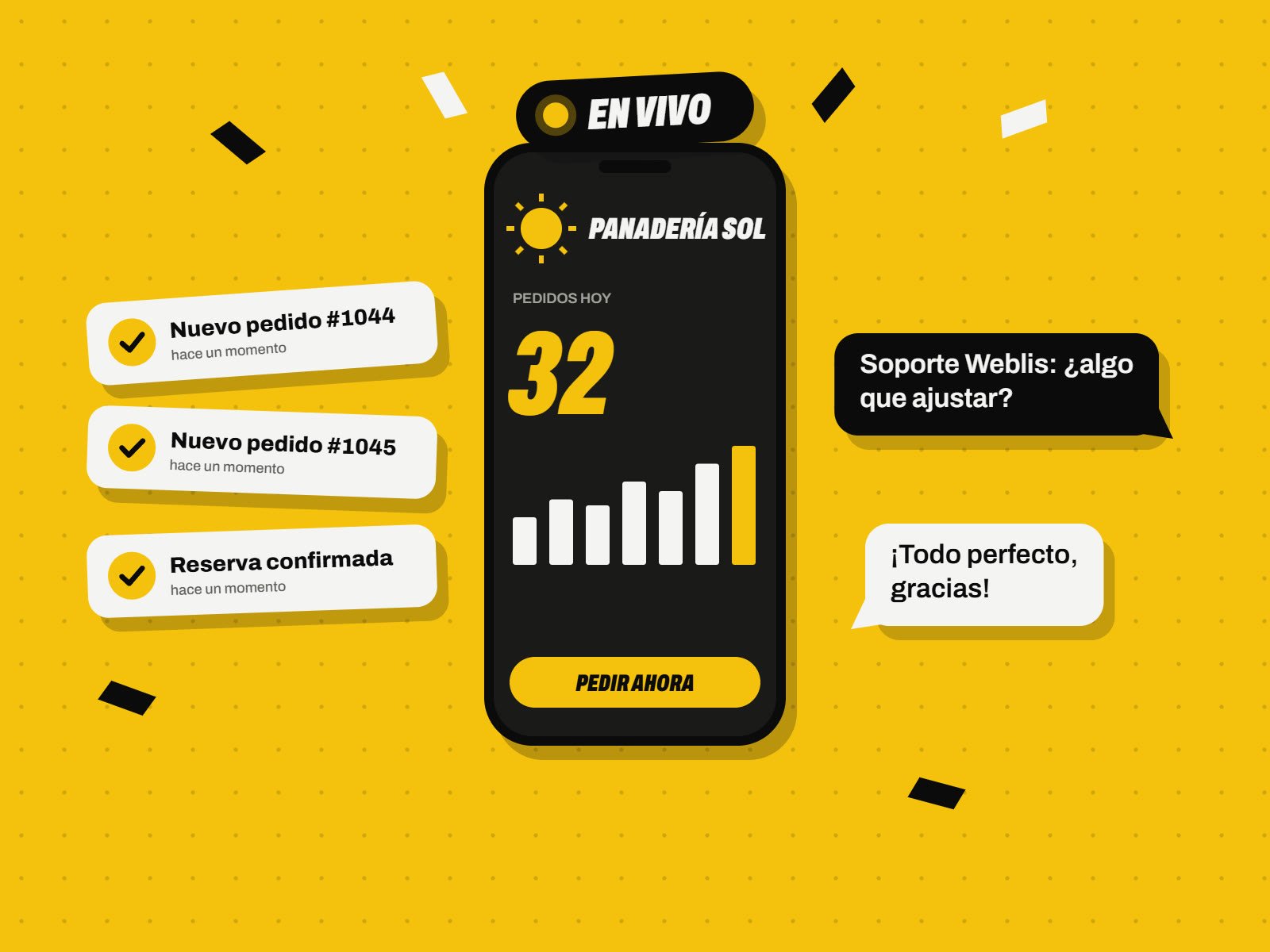 Ilustración: una app en vivo recibiendo pedidos y el soporte de Weblis por chat